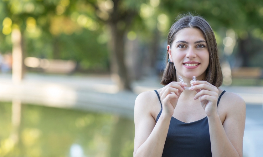 Young woman smiling with healthy teeth outdoors