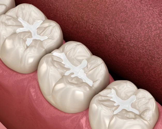 Close up of teeth protected with dental sealants