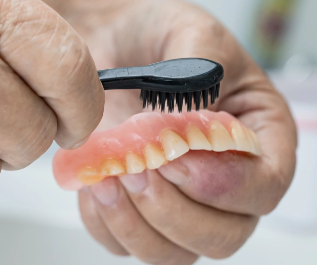 Cleaning dentures with a denture brush