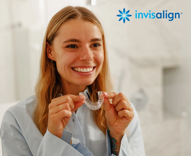 Woman smiling while holding Invisalign aligners
