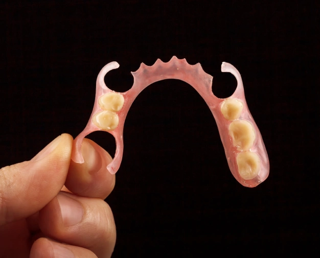 Partial denture being held for display