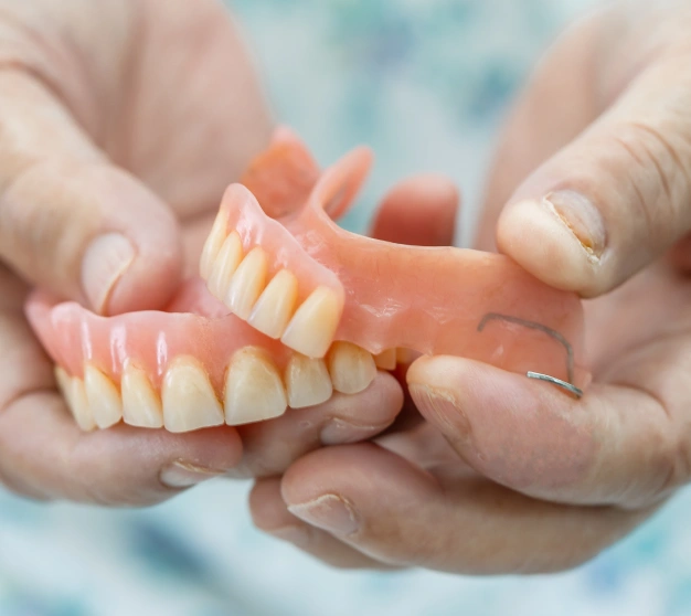 Denture being examined by dental professional