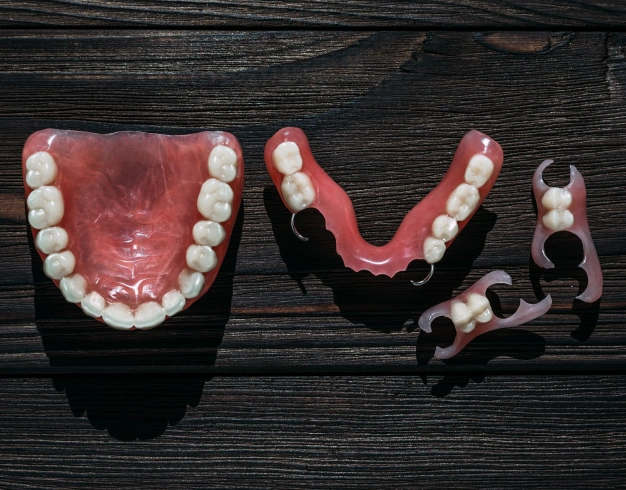 Snap in denture components displayed on a wooden surface